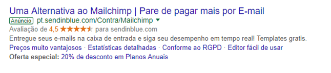 Exemplo de resultado de busca no google ads